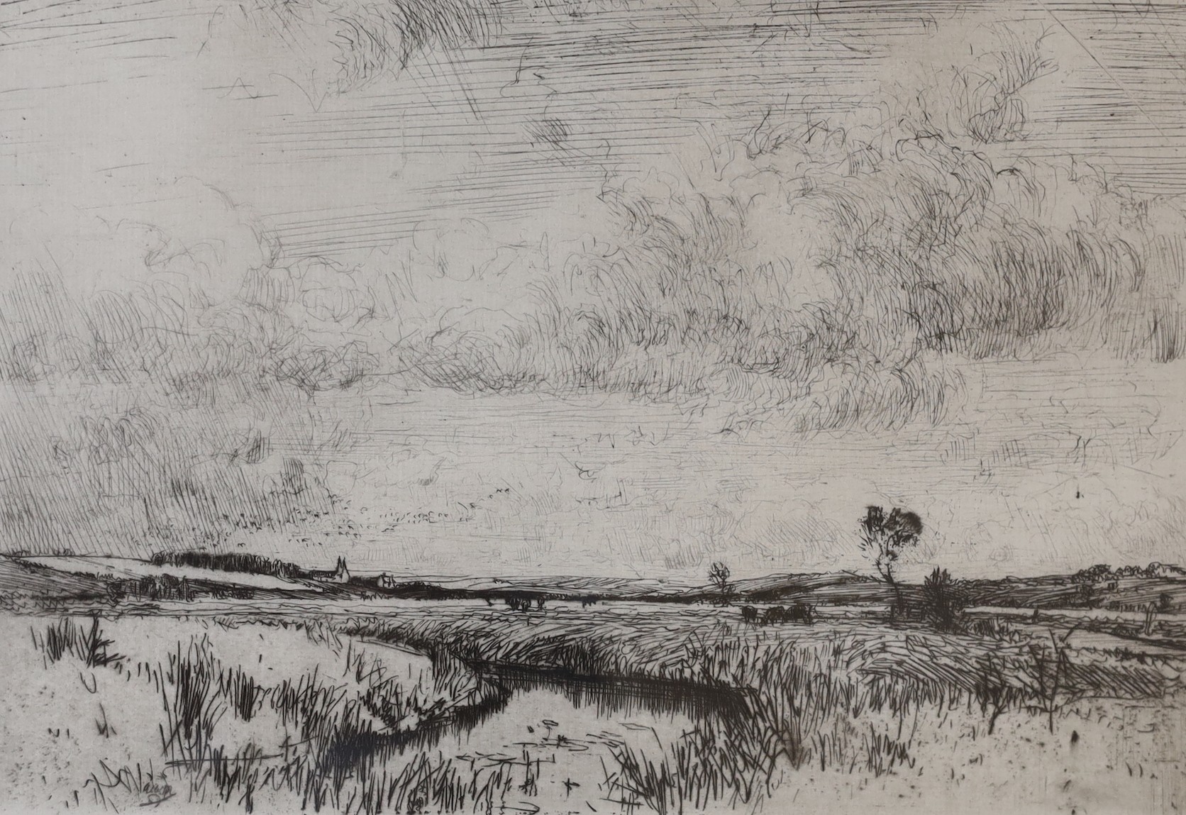 A group of assorted 18th and 19th century engravings including portraits and landscapes, together with a watercolour landscape, 49 x 37cm